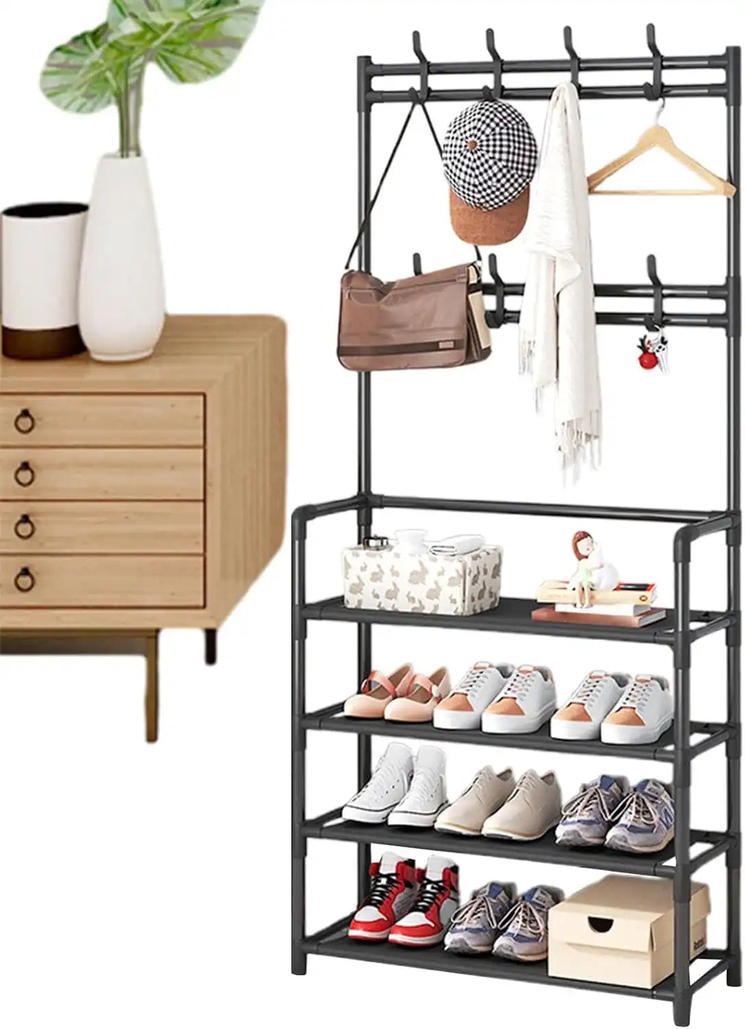 Perchero de Ropa con Estante para Zapatos 2 en 1